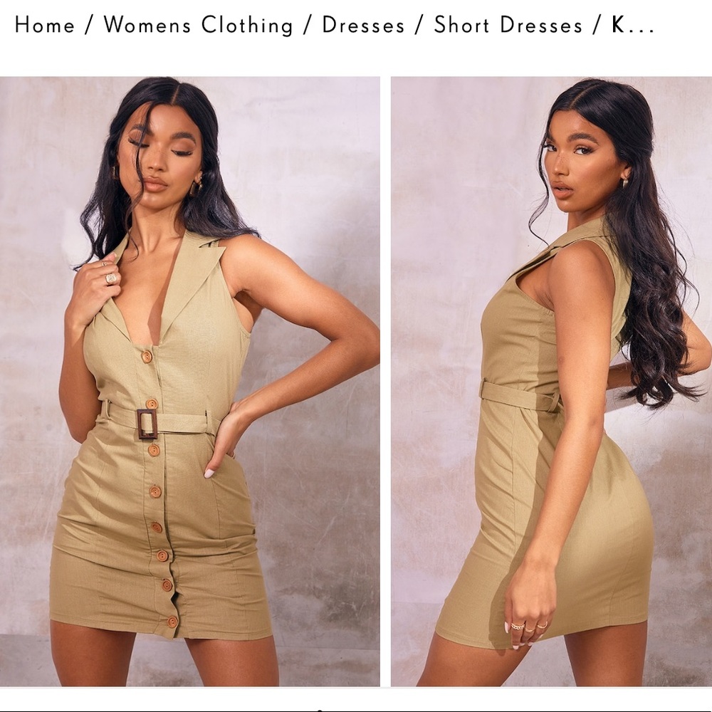 Khaki Linen Look Button Down Belted Sleeveless Bodycon Dress